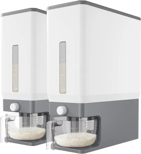 Lifewit Paquete de 2 dispensadores de arroz de 25 libras (24.9 lbs), contenedor de almacenamiento de arroz sellado a prueba de humedad con taza Gris