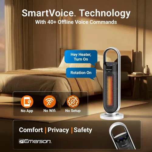 Miniatura 2 de Emerson SmartVoice - Calentador de espacio en torre de 23 pulgadas, control de voz sin conexión, calentamiento rápido de 1500 W, oscilación de 65°