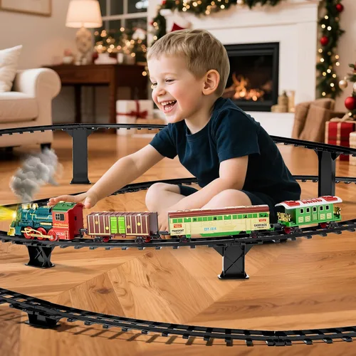 Miniatura 3 de Juego de tren para niños de 4 a 8 años, humo, juego de tren de Navidad con luces de humo y sonido, juguetes eléctricos clásicos para trenes de pista
