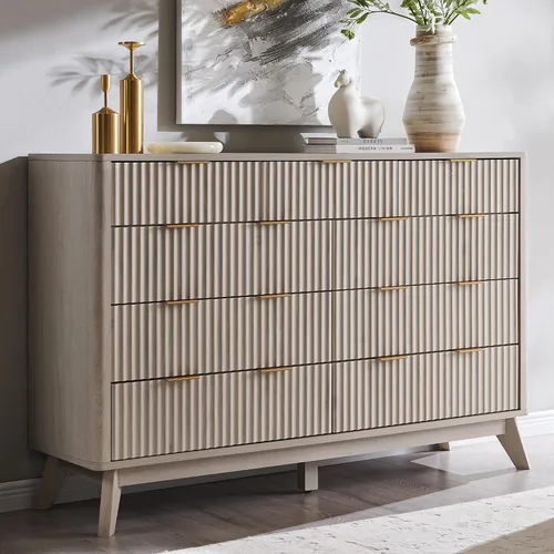 Miniatura 21 de T4TREAM Cómoda acanalada de 3 cajones, cómoda moderna de 32 pulgadas de alto, diseño de perfil curvo, organizador de cajones de madera para Aliso