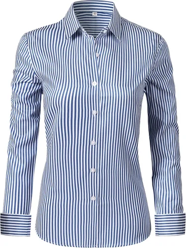 Miniatura 13 de Ruisin - Camisas supersuaves sin arrugas y con botones para mujer, unicolor, manga larga, diseño a rayas, estilo formal, blusa de vestir