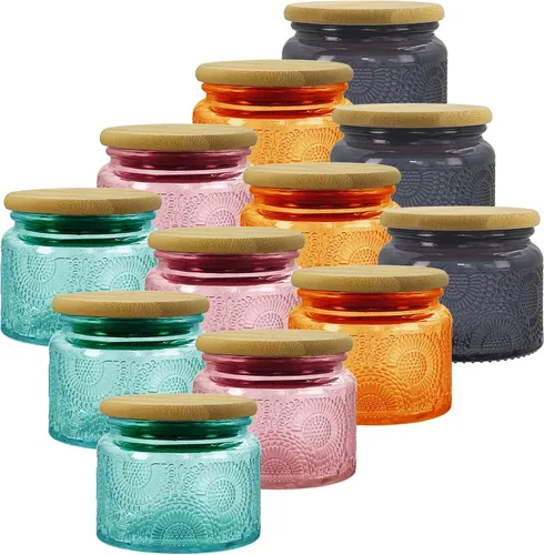 Tarros de vidrio mini de 4 oz de colores con tapas de bambú herméticas, 12 unidades, envases decorativos pequeños para almacenamiento de alimentos,