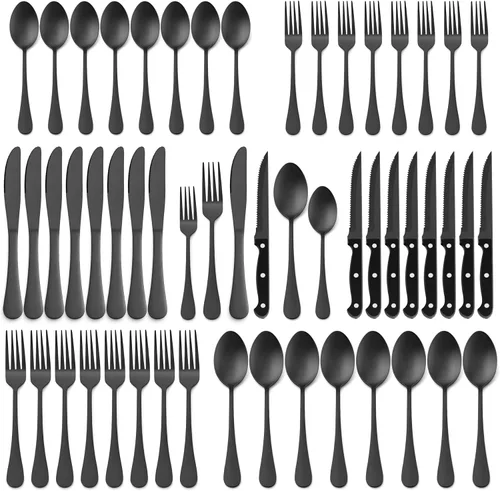 Miniatura 10 de E-far Juego de cubiertos negros de 24 piezas con cuchillos para carne, cubiertos de acero inoxidable para 4, modernos juegos de utensilios de metal