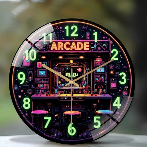 Miniatura 2 de 12-Inch Silent Tempered Glass Wall Clock, Retro Mini Arcade Clock Neon Art(1) ” Silent Non-Ticking Clock, Battery Operated