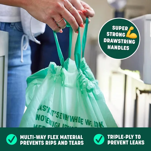 Miniatura 3 de HoldOn Bolsas altas compostables con cordón de cocina, 13 galones, resistentes a las fugas, bolsas de cocina de triple capa a base de plantas