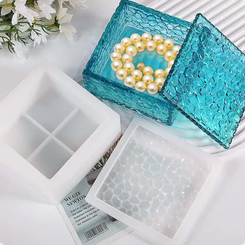 Miniatura 7 de Caja de almacenamiento cuadrada Moldes de fundición de resina con tapa, caja apilable de ondas de agua, moldes de silicona, estuche de joyería