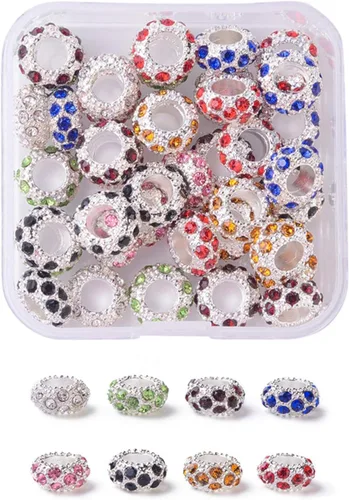 Miniatura 20 de Craftdady 150 cuentas europeas de arcilla polimérica con agujeros grandes, cuentas espaciadoras de diamantes de imitación, 15 colores con 6