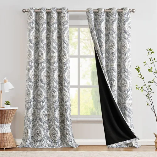 Miniatura 42 de jinchan Cortinas opacas de 90 pulgadas de largo, 2 paneles de medallón de damasco azul, cortinas de ventana para dormitorio, con ojales, aislamiento
