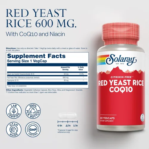 Miniatura 2 de SOLARAY Arroz de levadura roja Plus CoQ-10 y vitamina B-3 de niacina sin enjuague, apoyo saludable para el corazón y cardiovascular, no irradiado