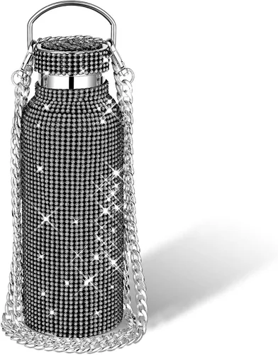 Miniatura 25 de Geiserailie Botella de agua con diamantes de imitación de acero inoxidable, térmica, recargable, aislada, con cadena, para mujeres y niñas