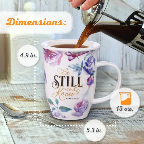 Miniatura 3 de Taza de café de cerámica floral de rosa de Christian Art Gifts con tapa púrpura – 13 oz. Taza de café y té inspiradora sin plomo ni cadmio