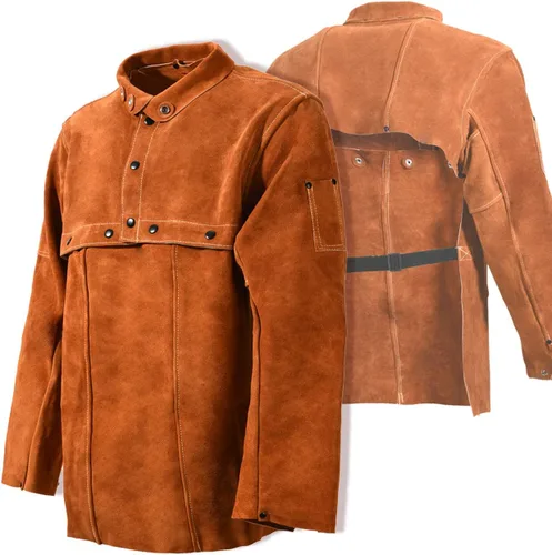 LeaSeek Chaqueta de Soldadura de Cuero - Delantal de Soldadura de Servicio Pesado con Manga, Cuero de Vaca Resistente al Calor y al Fuego para Marrón