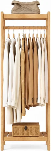 Perchero de madera maciza, perchero con estantes para dormitorio, sala de estar, entrada, 16 x 20 x 63 pulgadas, madera de roble, natural