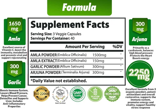 Miniatura 2 de Cápsulas orgánicas Amla de 2250 mg y Arjuna, Ajo Suplementos naturales de vitamina C, altos antioxidantes, rejuvenecedor Apoya la inmunidad