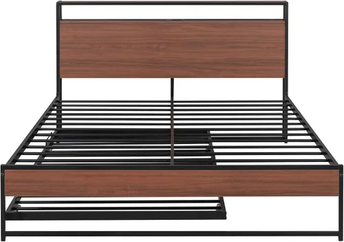 Miniatura 7 de Harper & Bright Designs Cama de plataforma Queen con nido y puertos USB, marco de cama Queen de metal con cabecera de almacenamiento y soporte