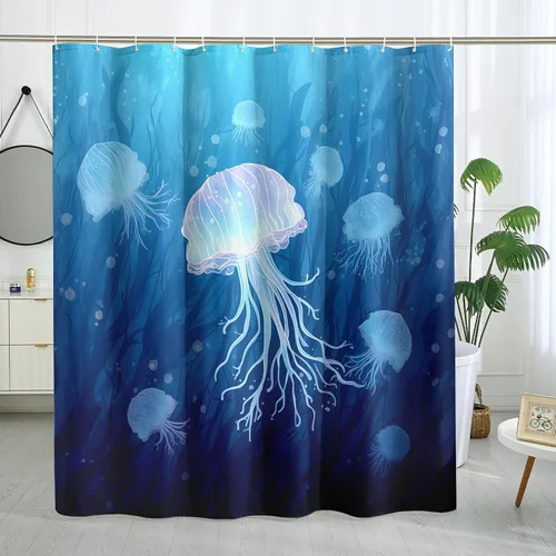 Miniatura 8 de Juego de cortinas de ducha de ballena azul, divertidas cortinas de ducha de dibujos animados de océano para baño, decoración de baño para niños