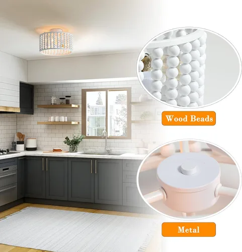 Miniatura 2 de tewei Candelabro de Cuentas de Madera, Accesorio de Luz de Techo Semi Empotrado Estilo Boho para Cuarto de Bebé, Candelabro Rústico de 3 Luces
