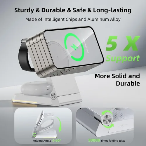 Miniatura 3 de Cargador inalámbrico plegable 3 en 1 – Estación de carga inalámbrica magnética para Apple Magsafe soporte de cargador con luz, cargador de viaje