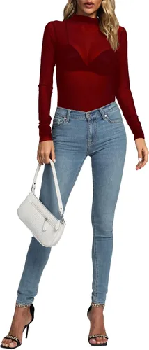Miniatura 5 de Rooscier Blusa sexy de malla transparente para mujer, cuello alto falso, manga larga, ajustada