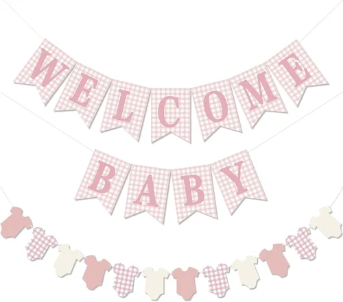 Miniatura 9 de Cartel de baby shower para bebé, 2 piezas preencordadas de tela de bienvenida a cuadros azules para bebé y cuerpo, para decoración de fiesta de baby