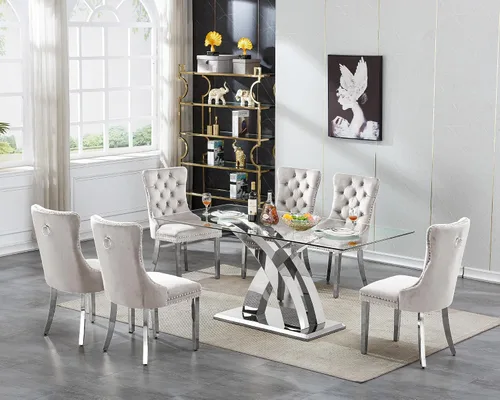 Miniatura 12 de Juego de mesa de comedor de cristal plateado moderno de 70 pulgadas para 4, juego de mesa de comedor rectangular de 5 piezas con patas de acero