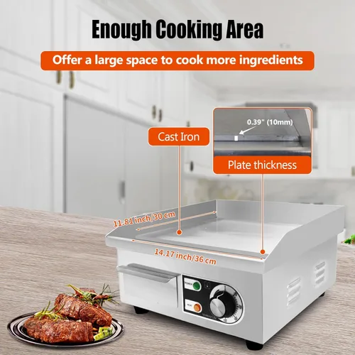 Miniatura 3 de Plancha eléctrica comercial de 14 pulgadas, plancha eléctrica de encimera plana, parrilla eléctrica superior plana de 110 V 1500 W, parrilla