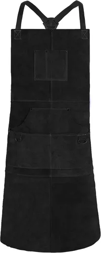 QeeLink Delantal de soldadura de cuero con 6 bolsillos, delantal resistente al calor y al fuego, 24 x 42 pulgadas, ajustable de M a XXXL (negro)