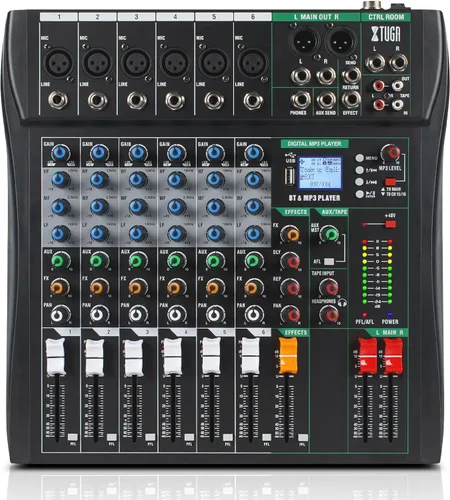 XTUGA Mezclador de Audio de 6 Canales, Tablero Mezclador de Sonido, Interfaz de Audio, Consola Mezcladora para DJ, Podcast, Estudio, Karaoke, Equipo