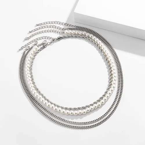Miniatura 4 de YERTTER Collar gótico de cadena de plata de 4 capas para hombre, cadena de perlas, cadena gruesa, cadena torcida, cadena plana, gargantilla