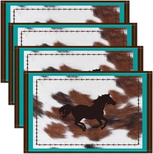 Miniatura 7 de jejeloiu Juego de 4 manteles individuales de piel de vaca, diseño rústico de retazos occidentales, manteles individuales con patrón de piel