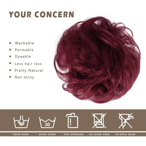 Miniatura 4 de BARSDAR Extensión de moño 100% humano – Cabello humano real rojo desordenado moño coletero para mujer – Extensiones elásticas onduladas