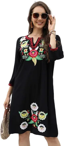 Miniatura 2 de Vestido bordado mexicano para mujer, vestidos bordados florales para mujer, estilo bohemio, campesino, manga 34, vestido de fiesta, falda casual