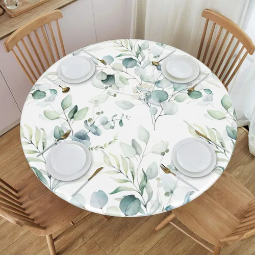 Miniatura 3 de Mantel elástico redondo con borde de hojas verdes salvia, ajustable para mesa de 40 a 44 pulgadas de diámetro