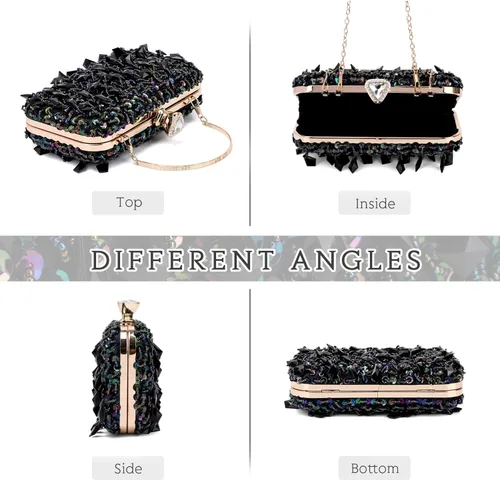 Miniatura 2 de Oweisong Bolso de mujer con diamantes de imitación de cristal negro para boda, bolso de hombro con cuentas de diamantes brillantes para graduación