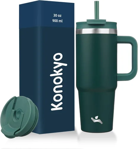 Miniatura 45 de Konokyo - Vaso de 40 onzas con asa y 2 pajillas, botella de agua aislada 2 en 1 con tapa. Taza de viaje de acero inoxidable para café, flores