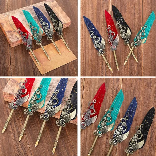 Miniatura 4 de Juego de Pluma de Caligrafía con Tinta, Pluma Mecánica y Pluma de Inmersión de Madera, 5 Colores de Tinta, 12 Plumillas de Repuesto, Soporte