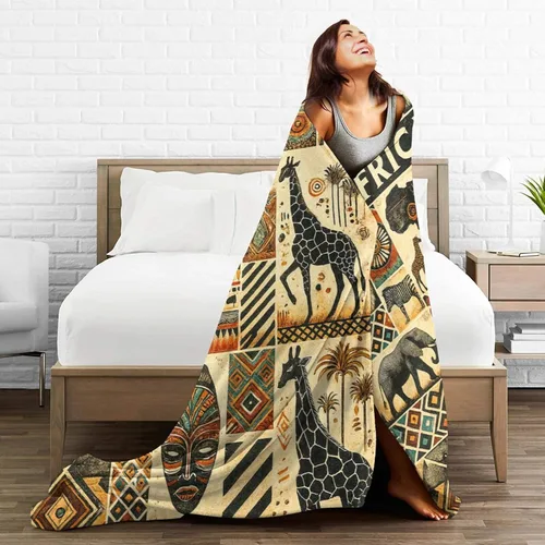 Miniatura 6 de Manta con diseño étnico de mapa tribal africano, diseño vintage de animales de safari africanos, manta suave y acogedora de vellón mullido, mantas