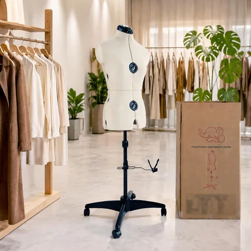 Miniatura 8 de Maniquí de vestido de falda ajustable beige para coser mujeres tallas 6-14, cuerpo de modelo con 13 diales, ruedas desmontables, rango de altura