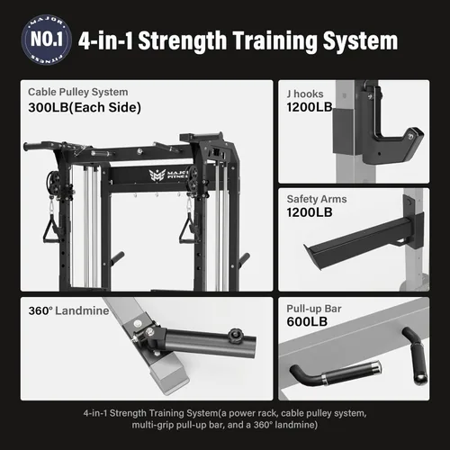 Miniatura 2 de MAJOR FITNESS F22 Power Rack, 1600lbs - Estante para sentadillas todo en uno con sistema de polea doble, marco de acero resistente, accesorios