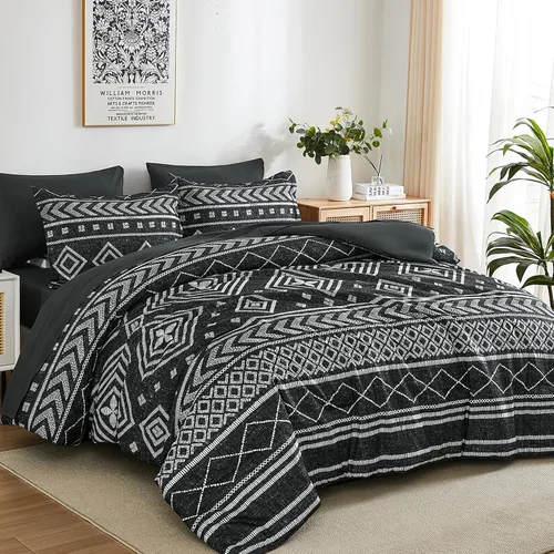 Yiran - Juego de edredón tamaño Queen de 7 piezas, reversible negro, ropa de cama estilo boho azteca en una bolsa, juego de edredón suave y ligero