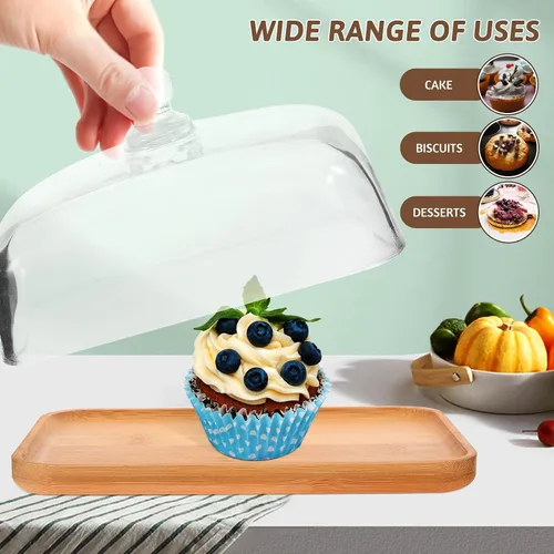 Miniatura 7 de Hemoton Plato de vidrio transparente para tartas con base de madera y cubierta de cúpula – 6.69 x 4.52 x 3.50 pulgadas, bandeja de postre