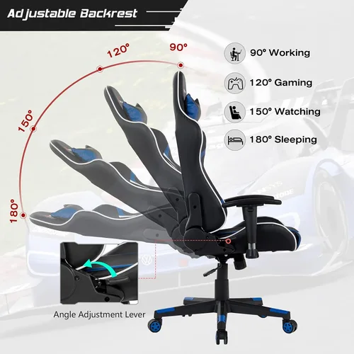 Miniatura 4 de DORTALA Silla ergonómica para videojuegos, silla de carreras de respaldo alto con soporte lumbar de masaje, bolsillo para banco de energía Azul