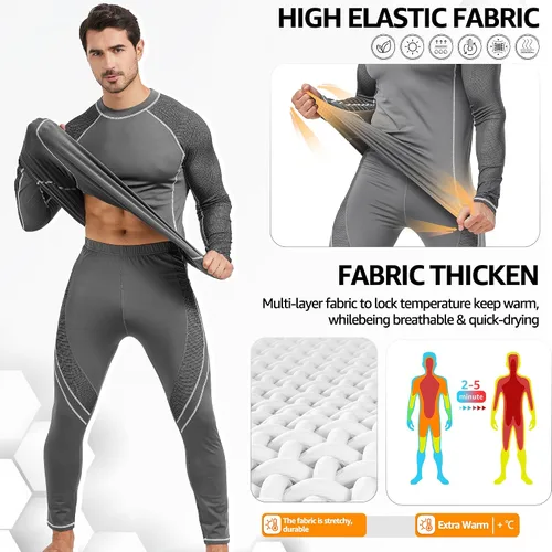 Miniatura 3 de UNIQUEBELLA Conjunto de ropa interior térmica para hombre, parte superior larga, forro polar, secado rápido, capa base térmica
