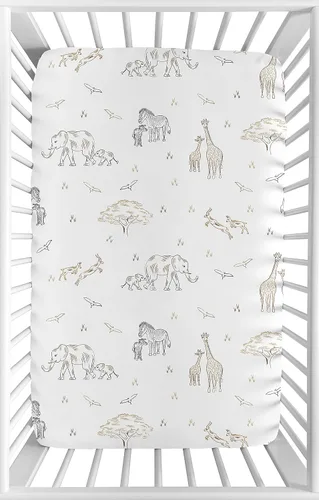 Sweet Jojo Designs Jungle Safari Animales Niño Niña Mini Cuna Sábana Ajustable Bebé Guardería Portátil Cuna Pack Jugar Marrón Taupe Negro y Blanco