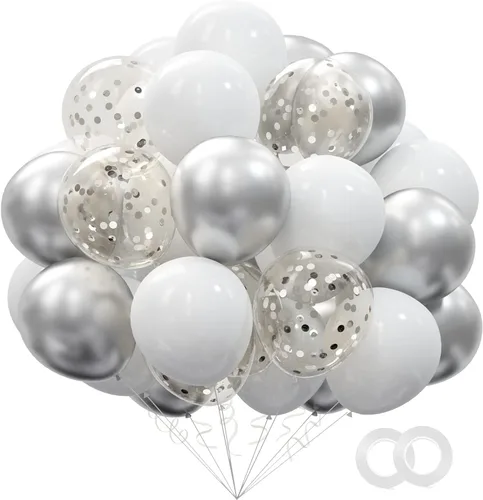 Miniatura 20 de OuMuaMua Kit de 62 globos de confeti azul, plateado y blanco, globos blancos de 12 pulgadas, globos plateados metálicos, globos de confeti plateado