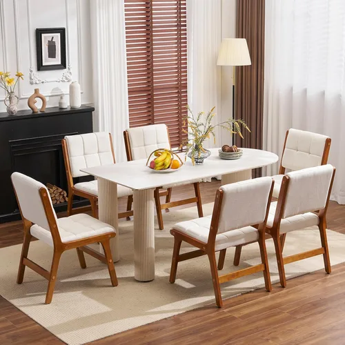 Miniatura 12 de Furniliving Juego de 2 sillas de comedor de madera de roble, silla de cocina tapizada de tela de lino moderna de mediados de siglo, sillas de Beige