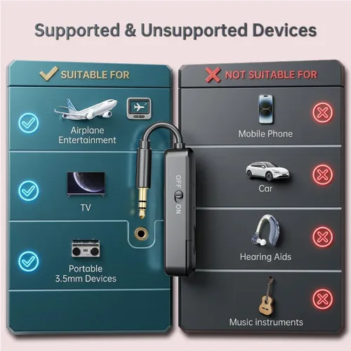 Miniatura 4 de Adaptador Bluetooth de avión para auriculares auriculares: transmisor inalámbrico adaptador de vuelo dongle para viajes de avión aerolínea