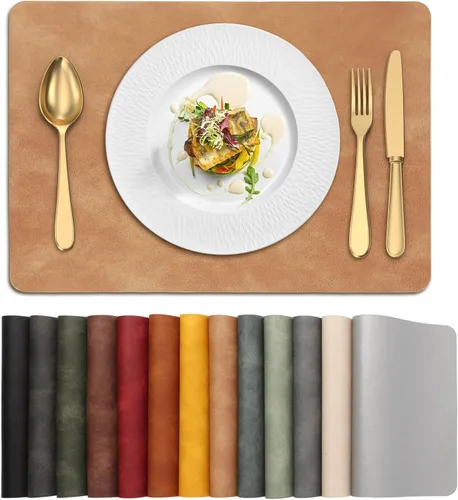 Miniatura 10 de UnivoColors Juego de 4 manteles individuales de cuero de vaca lavado con patrón PU, resistentes al calor, para mesa de cocina, impermeables, Marrón