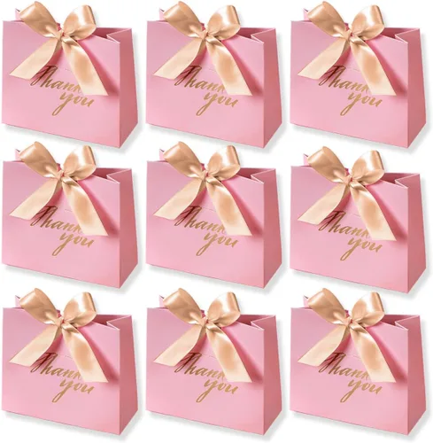 Paquete de 24 cajas de regalo de agradecimiento, pequeñas cajas de regalo con lazo dorado, bolsas de papel de patrón rosa a granel para bodas, baby