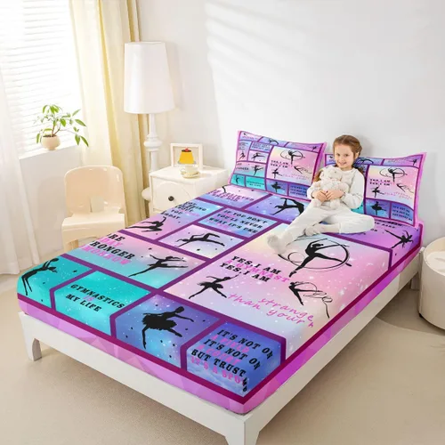 Miniatura 21 de Sábana bajera ajustable de ballet para niñas, juego de ropa de cama de ballet para danza de ballet, sábanas de cama con rayas geométricas onduladas